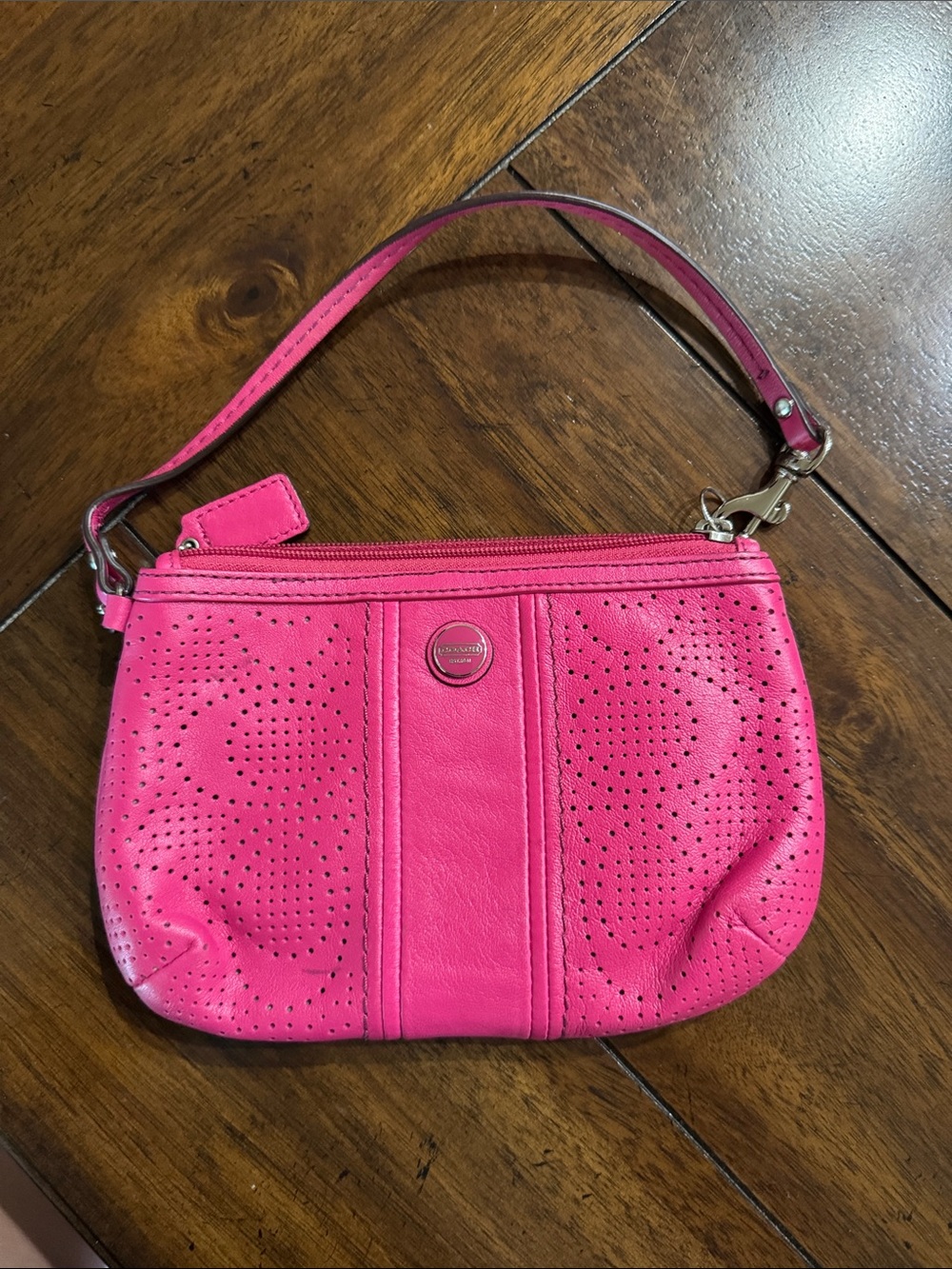 Coach Hot Pink Perforated Leather Wristlet